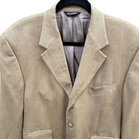 Chaps Ralph Lauren Vintage Mens Tan Herringbone Blazer Silk Classic 2 Button 42R - Picture 3 of 13